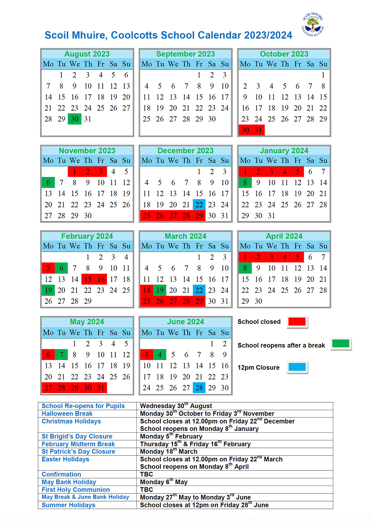 Calendar - Scoil Mhuire, Coolcotts