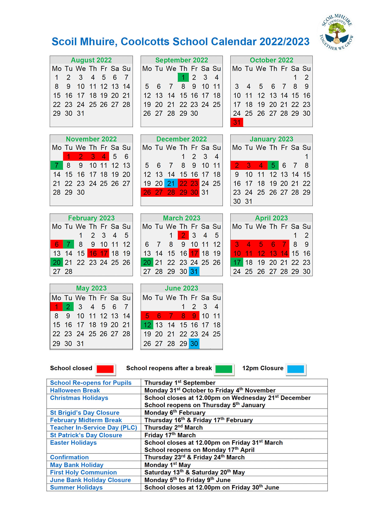 Calendar Scoil Mhuire, Coolcotts